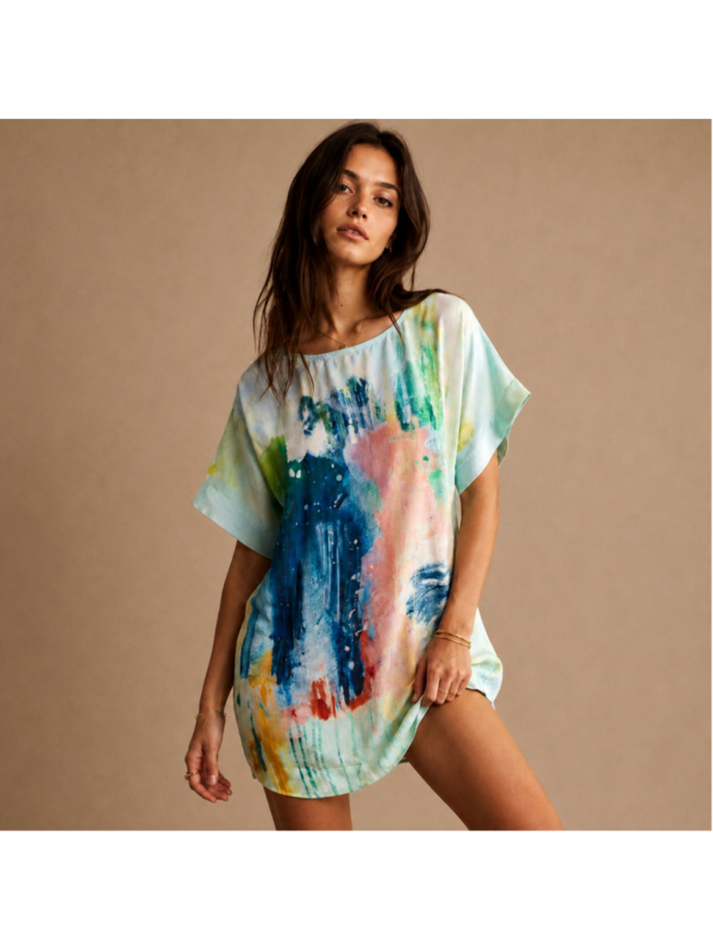 Anthropologie Silk Abstract Print Shift Mini T-shirt Dress Sz XS